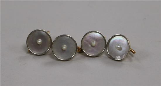 A set of four Larter & Co. 14K gold dress studs set mother of pearl and seed pearls, 10g gross.